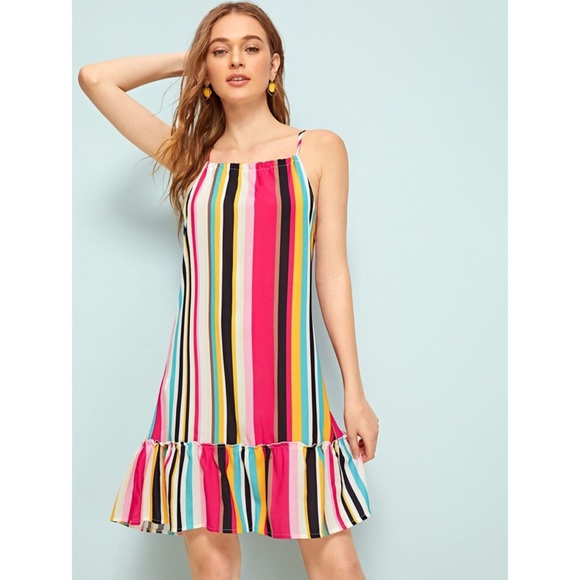 Tropical Colorful Striped Ruffle Ham Cami Dress - Picture 2 of 6